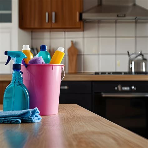 A kitchen counter with a bottle of spray and a bottle of cleaner ...