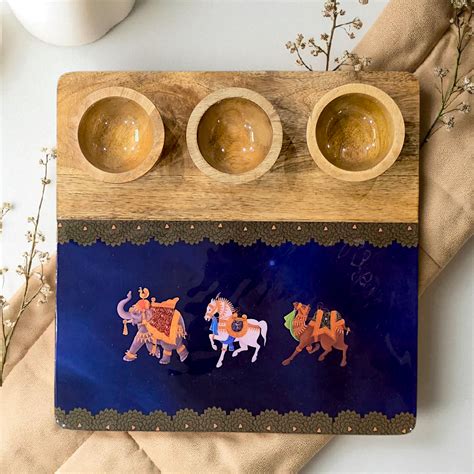 3 Bowl Wooden Snack Platter - Blue Royalty – Samaa India