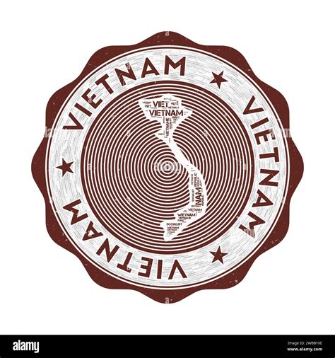 Vietnam seal. Country round logo with shape of Vietnam and country name in multiple languages ...