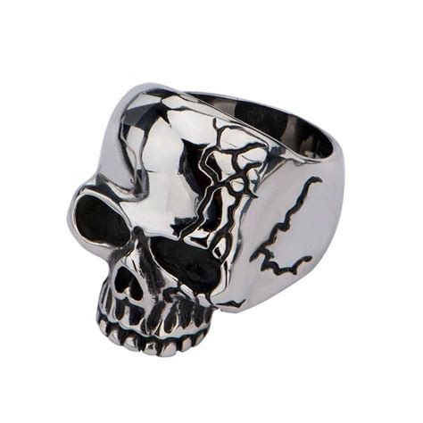 Buy Silver Stainless Steel Hallowed Jaw Cracked Skull Ring Online ...