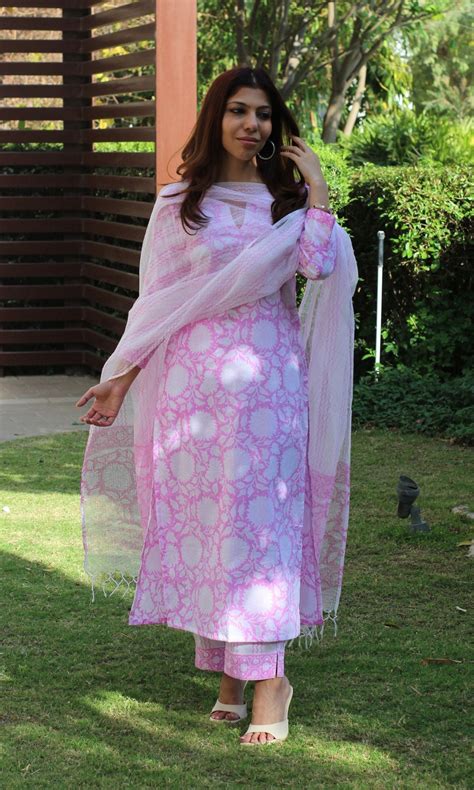 Cotton Handblock Light Pink Suit Set with Kota Doria Printed Dupatta ...