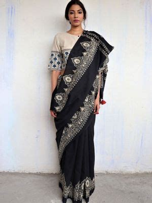 Buy Chidiyaa God Black Block Printed Cotton Mul Saree Online