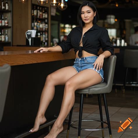 Attractive tanned Southeast Asian model in black cropped shirt and jean shorts sitting on a ...
