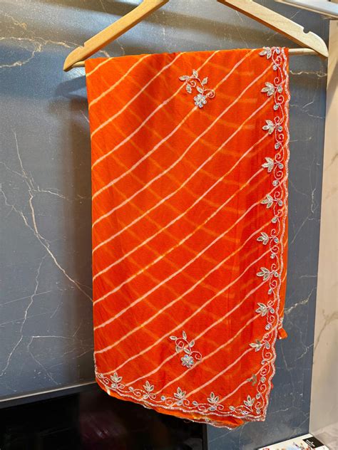 Beautiful Semi Chiffon Lahriya Saree With Handwork – Krishna Saree