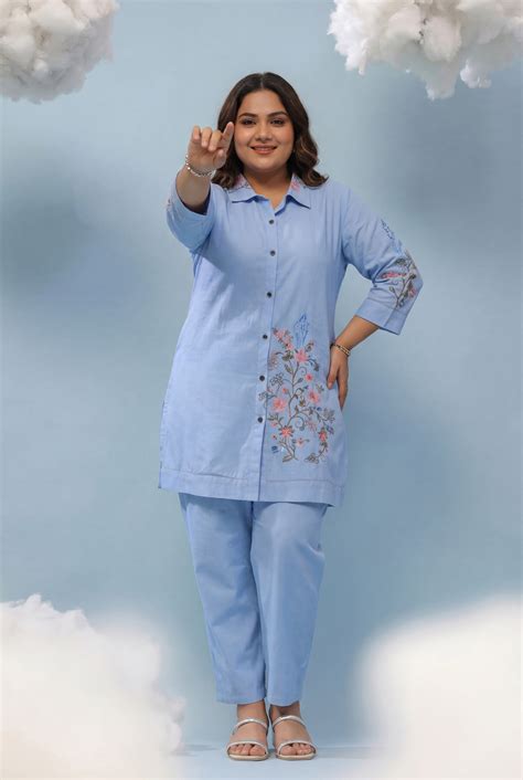 Shop Powder Blue Embroidered Rayon Flex Plus Size Co-ord Set | Scakhi ...