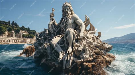 Le Puissant Dieu Des Océans Et Des Marins Neptune Poséidon La Statue Antique Paysage ...