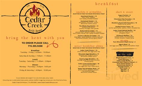 Cedar Creek Grill House menu in Rothschild, Wisconsin, USA