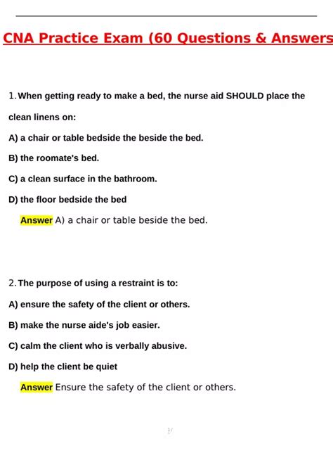 CNA Practice Exam (60 Questions) (Latest 2025 / 2026 Update) Questions ...