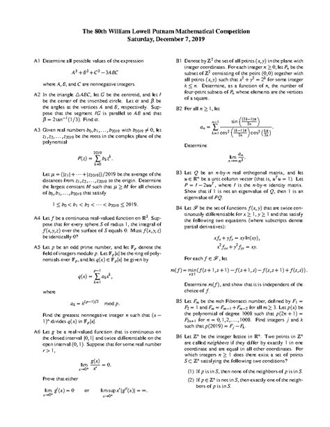 2019 - dsd - The 80th William Lowell Putnam Mathematical Competition Saturday, December 7, 2019 ...