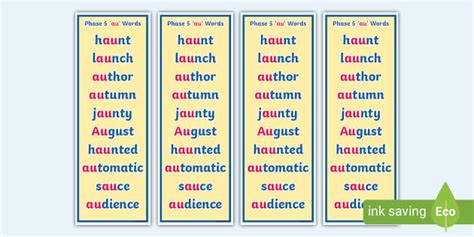 Phase 5 'au' Words Bookmark