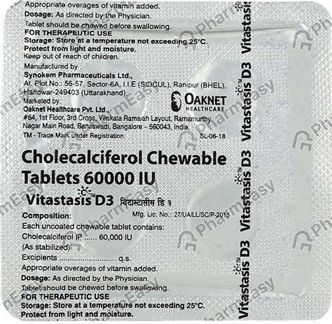 Vitastasis D3 60000 IU Tablet (4): Uses, Side Effects, Price & Dosage ...