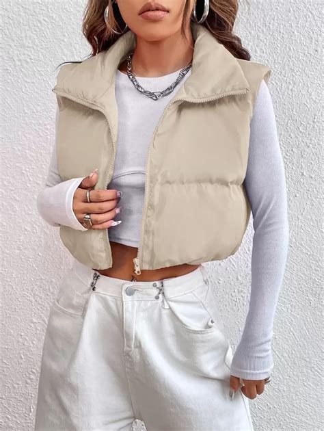 SHEIN EZwear Zipper Front Casual Vest Khaki Winter Coat | SHEIN USA