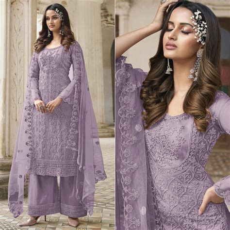 Lavender Embroidered With Embellished Net Palazzo Suit