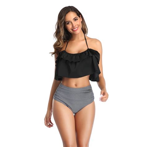 Topchances Women Two Piece Swimsuit High Waisted Bikini Off Shoulder ...