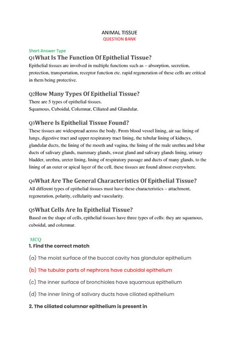 Animal Tissue question bank - ANIMAL TISSUE QUESTION BANK Short Answer ...