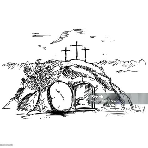 Handdrawn Vector Illustration For Easter The Empty Tomb After The ...