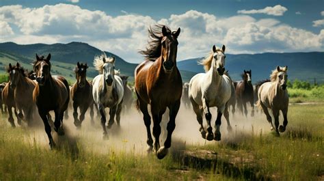 running herd of horses graze in meadow 32945516 Stock Photo at Vecteezy