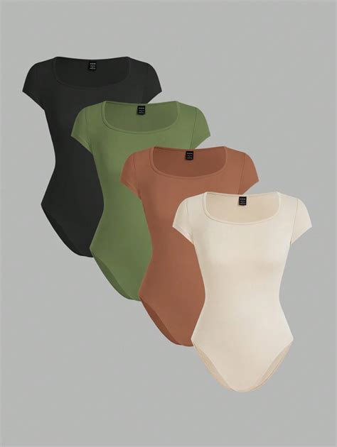 SHEIN EZwear 4pcs Round Neck Short Sleeve Casual Bodysuit Set, Slim Fit ...