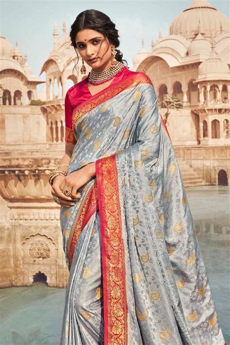 Steel Grey Kanjivaram Exclusive Zari Woven Silk Saree – MOR ETHNICS