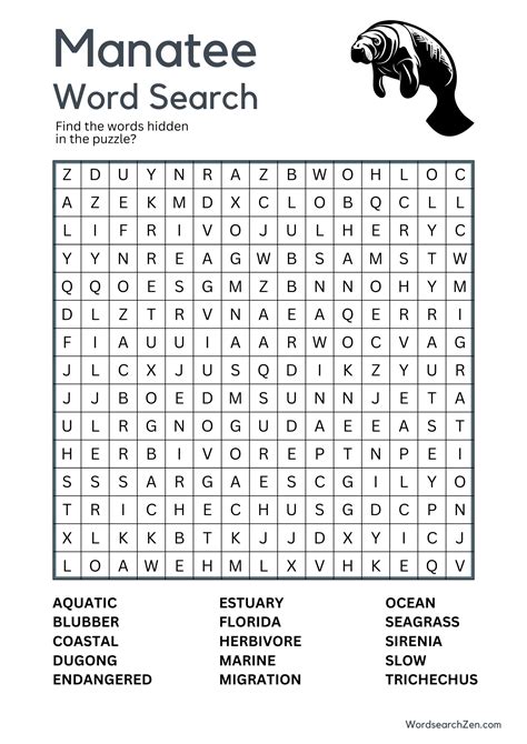 Manatee Word Search Free Printable PDF File - WordsearchZen.com
