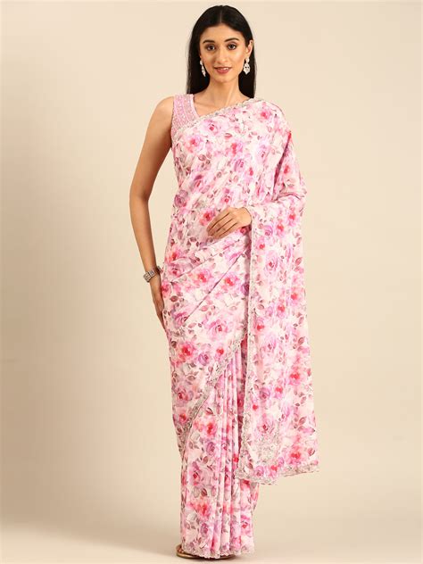 Neerus Pink Floral Embellished Satin Pleated Saree - Saree + Blouse ...