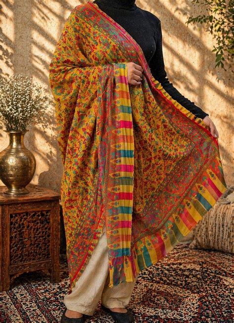 Vibrant Mustard Floral Kashmiri Style Shawl – Multicolor Woven Eleganc ...