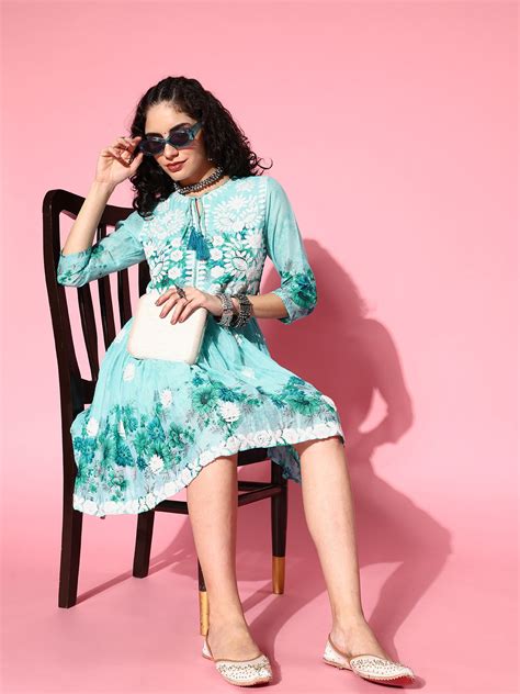 Buy Ishin Women's Cotton Blue Embroidered A-Line Dress Online