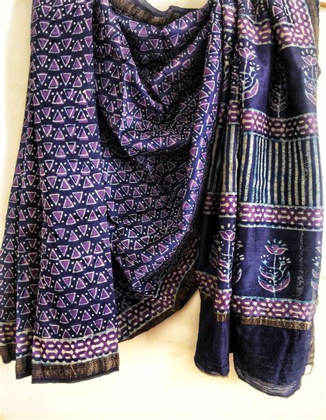 Purple Akola Handblock Printed Dabu Pure Maheshwari Silk Cotton Saree ...