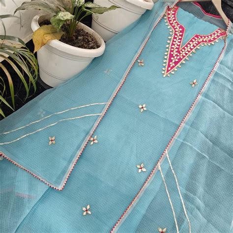 Kota Doria Embroidered Salwar Suit with Colorful Embroidery Dupatta ...