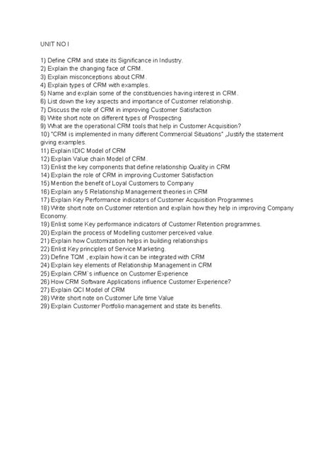 Customer relationship management qb - UNIT NO I Define CRM and state ...
