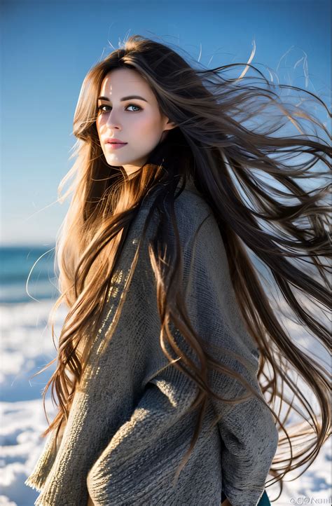 Arafed woman with long hair standing on the beach in front of the ocean ...