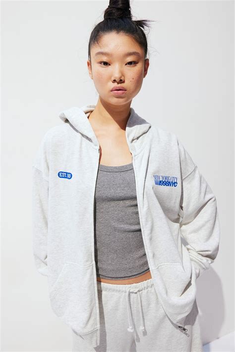 Oversized zip-through hoodie - Light grey marl/New York City - Ladies ...