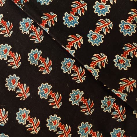 Pure Cotton Ajrak Black With Blue Tiny Plant Hand Block Print Fabric ...
