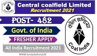 Central Coalfields Recruitment 2021 / Govt Jobs in India for 482 ...
