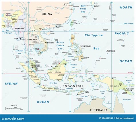 Southeast Asia Vector Map with Coordinates and Scale Stock Vector - Illustration of indonesia ...