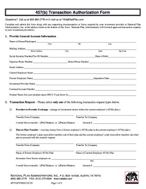 Fillable Online 457(b) Transaction Authorization Form - National Plan ...