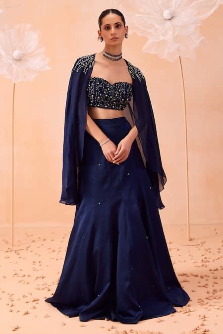 Buy Blue Silk Satin, Organza Sequins Sweetheart Hand Embroidered Cape ...