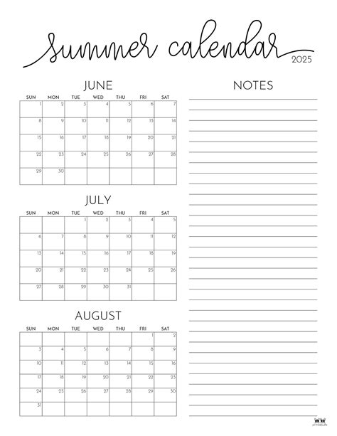 2025 Summer Calendars - 27 FREE Printables | Printabulls