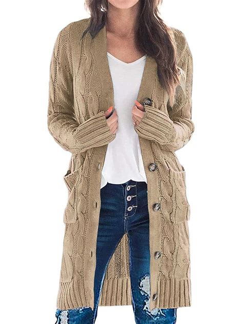 Womens Long Sleeve Cable Knit Long Cardigan Open Front Button Sweater ...