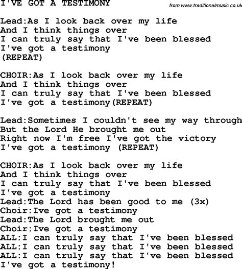 Country, Southern and Bluegrass Gospel Song I've Got A Testimony lyrics