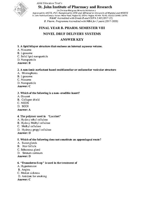 Final Exam B. Pharm SEM VIII: Novel Drug Delivery Systems Answer Key ...