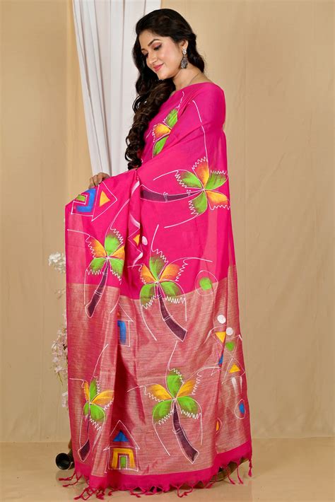 Pink Pure Cotton Keshaka Hand Painted Saree (1990) | PuJoy Fashion