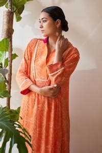 Buy Orange Cotton, Crepe Pearls Collared Lotus Print Asymmetric Kaftan ...