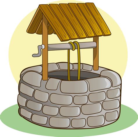 Vector cartoon summer landscape with vintage well with wooden roof, pulley and bucket. Basin for ...