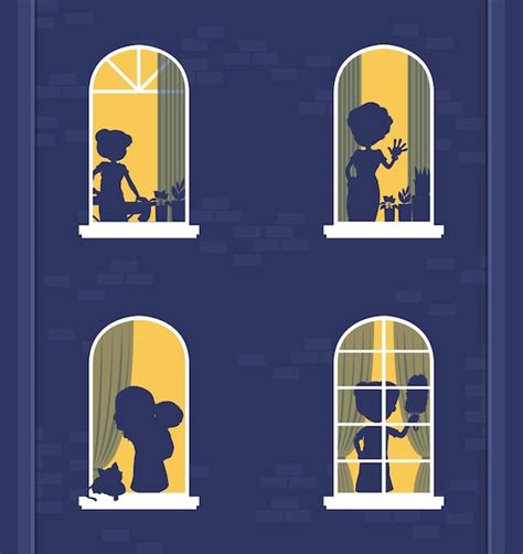 Nachtramen bouwen met silhouetten van mensen | Gratis Vector