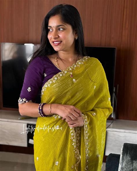 Crunchy Chiffon Silk Saree with Embroidery, Moti Work & Scalloped ...