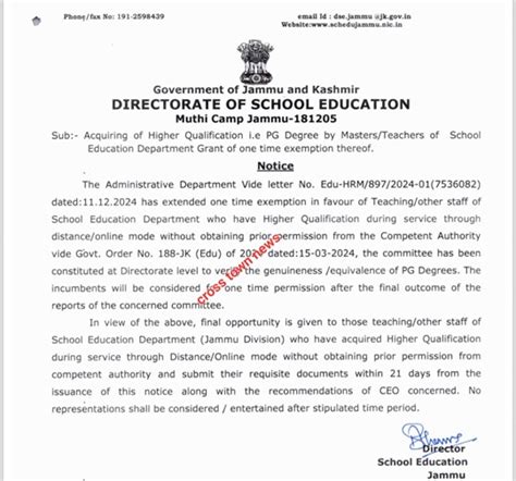 J&K Govt issue instructions on "One Time Exemption" on acquiring Higher ...