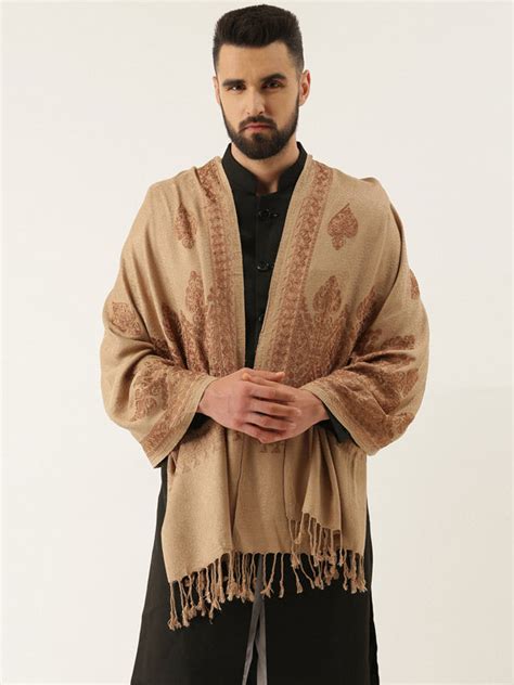 Men’s Shalimaar Kashmiri Embroidery Stole ,Size 71X203 CM, Beige Color