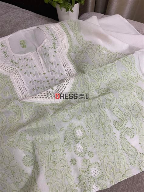 White & Green Cotton Chikankari Kurti Fabric – Dress365days