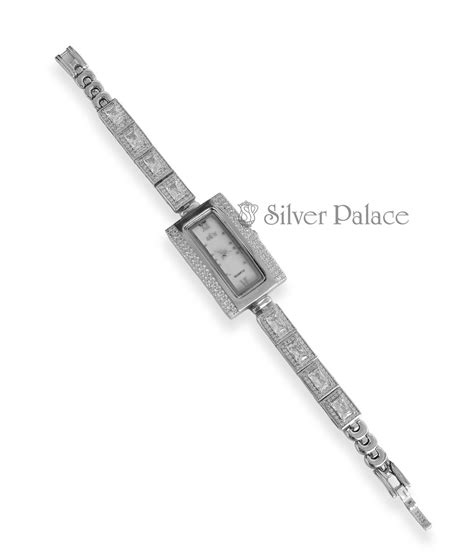 92.5 Sterling Silver Rectangular Dial Stone Studed Adjustable Strap ...
